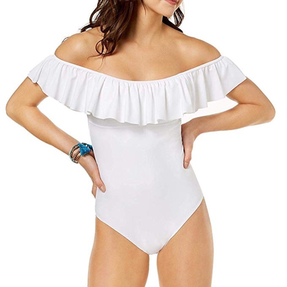 Maui Off Shoulder White One-Piece Swimsuit - Picture 1 of 5